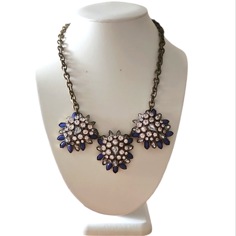 Vintage Loft Statement Necklace in Bronze Tone and Blue/Clear Crystals